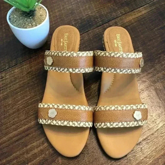 Eric Javits | Tan & Cream Slides Low Wedge Sandals - Picture 1 of 4